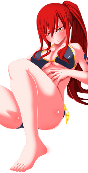 Anime picture 1732x3397 with fairy tail erza scarlet tongasart single long hair tall image blush fringe highres light erotic smile hair between eyes yellow eyes ponytail red hair tattoo legs coloring transparent background girl