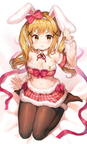Anime picture 3000x4952 with bang dream! ichigaya arisa tokkyu single long hair tall image looking at viewer blush fringe highres breasts open mouth light erotic simple background blonde hair white background sitting twintails bare shoulders animal ears