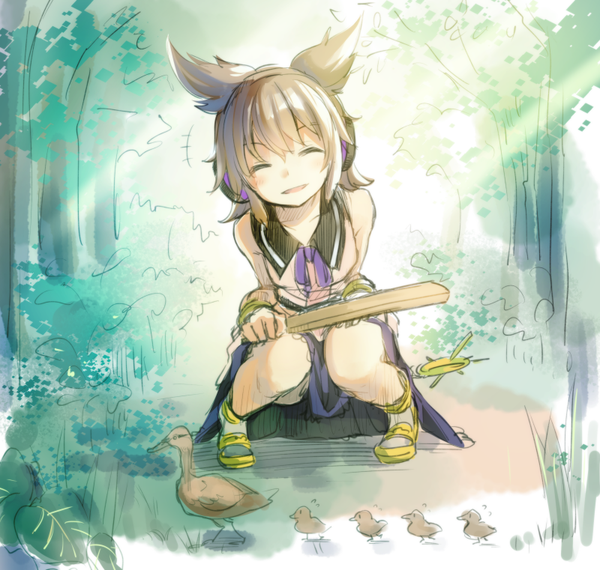 Anime picture 800x761 with touhou toyosatomimi no miko makuwauri single fringe short hair light erotic smile hair between eyes brown hair bare shoulders full body eyes closed sunlight sleeveless squat sunbeam girl plant (plants) animal