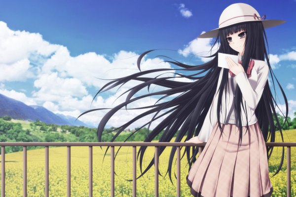 Anime picture 5250x3500 with toyokawa itsuki (p mayuhime) single fringe highres black hair smile absurdres sky cloud (clouds) very long hair black eyes girl skirt hat
