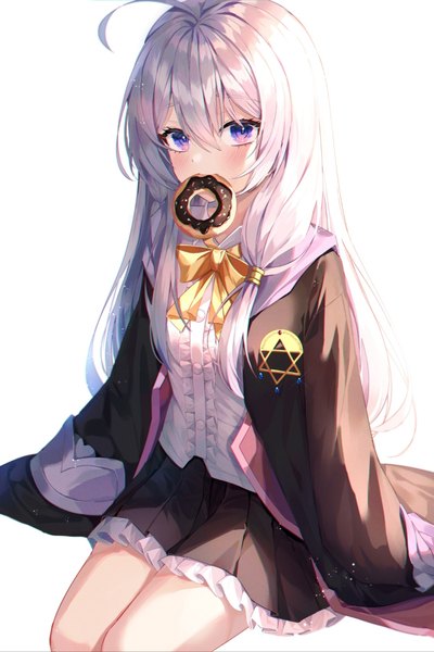 Anime picture 1080x1620 with majo no tabitabi elaina (majo no tabitabi) minttchocok single long hair tall image blush fringe simple background hair between eyes white background sitting purple eyes holding silver hair ahoge pleated skirt mouth hold frilly skirt food in mouth