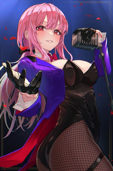 Anime picture 2330x3511 with virtual youtuber hololive hololive english mori calliope roco (rocoroco1115) single long hair tall image looking at viewer blush fringe highres breasts light erotic smile red eyes large breasts standing holding payot