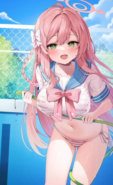 Anime picture 2800x4600 with blue archive hanako (blue archive) reel (riru) single long hair tall image looking at viewer blush fringe highres breasts open mouth light erotic hair between eyes large breasts holding green eyes payot pink hair sky