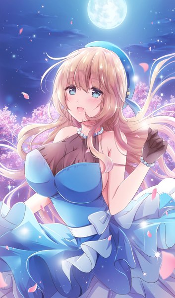 Anime picture 1000x1696 with kantai collection atago heavy cruiser nanashiki fuuka single long hair tall image fringe breasts open mouth blue eyes light erotic blonde hair smile hair between eyes bare shoulders sky cleavage cloud (clouds) outdoors :d