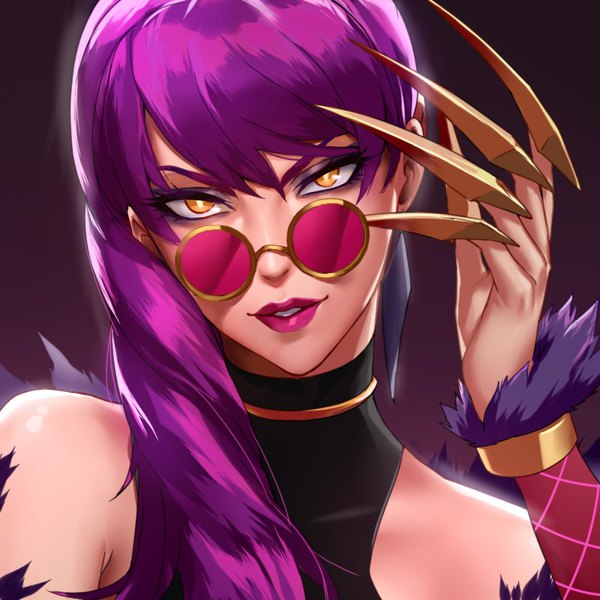 Anime picture 800x800 with league of legends k/da (league of legends) evelynn (league of legends) k/da evelynn non (nonzile) single long hair looking at viewer fringe simple background bare shoulders yellow eyes purple hair head tilt lipstick portrait dark background eyeshadow pink lipstick girl