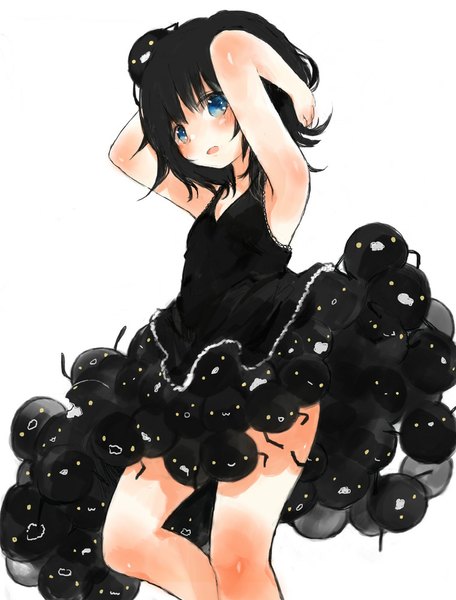 Anime picture 760x1000 with original yami shoujo oomiya single tall image blush short hair breasts open mouth blue eyes black hair standing white background looking away loli flat chest arms behind head girl dress black dress