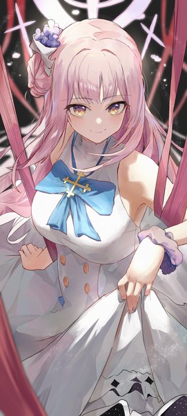 Anime picture 2241x4962 with blue archive mika (blue archive) jsscj single long hair tall image looking at viewer fringe highres breasts smile standing bare shoulders yellow eyes pink hair blunt bangs from above hair bun (hair buns) dress lift wrist scrunchie