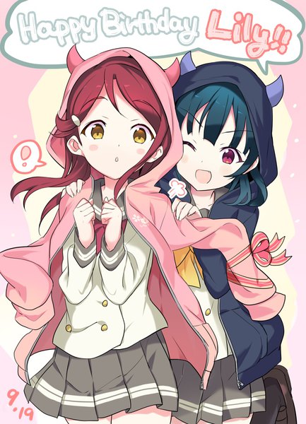 Anime picture 803x1111 with love live! sunshine!! sunrise (studio) love live! sakurauchi riko tsushima yoshiko rassie s long hair tall image blush open mouth red eyes multiple girls yellow eyes blue hair red hair pleated skirt one eye closed horn (horns) dated clothes on shoulders