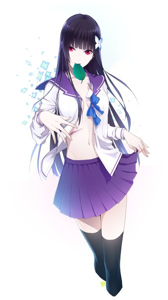 Anime picture 900x1600 with sankarea studio deen sanka rea chimachi long hair tall image light erotic black hair simple background red eyes white background hair flower open clothes open shirt scar girl thighhighs skirt uniform hair ornament