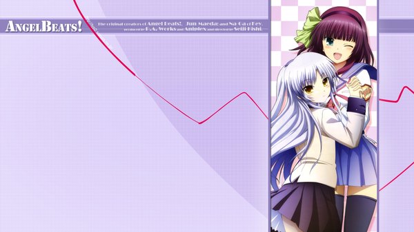 Anime picture 1920x1080 with angel beats! key (studio) tachibana kanade nakamura yuri highres wide image multiple girls yellow eyes purple hair white hair girl 2 girls serafuku