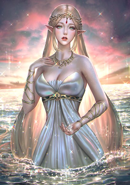 Anime picture 707x1000 with the legend of zelda the legend of zelda: breath of the wild nintendo princess zelda abigail diaz single tall image looking at viewer blush breasts blonde hair large breasts standing bare shoulders green eyes signed sky cleavage cloud (clouds) outdoors