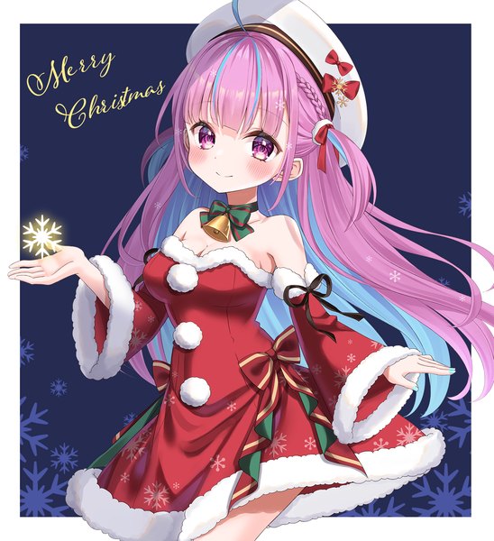 Anime picture 1565x1715 with virtual youtuber hololive minato aqua daryhibino single long hair tall image looking at viewer blush smile purple eyes purple hair ahoge multicolored hair two side up streaked hair border christmas outside border merry christmas