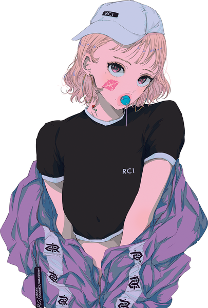 Anime picture 1352x2000 with original najuco (naju0517) single tall image looking at viewer short hair simple background blonde hair white background holding upper body pink eyes lips off shoulder official art tattoo mouth hold lipstick mark girl food