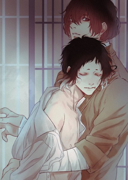 Anime picture 643x900 with bungou stray dogs studio bones dazai osamu (bungou stray dogs) akutagawa ryuunosuke (bungou stray dogs) saito yukihiro tall image looking at viewer fringe short hair light erotic black hair hair between eyes brown hair brown eyes eyes closed parted lips multicolored hair off shoulder two-tone hair multiple boys