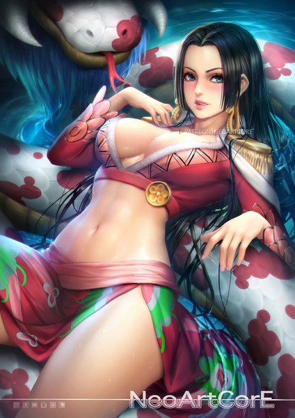 Anime picture 800x1132 with one piece toei animation boa hancock salome (one piece) nudtawut thongmai single long hair tall image looking at viewer blush breasts blue eyes light erotic black hair large breasts signed cleavage nail polish parted lips fingernails