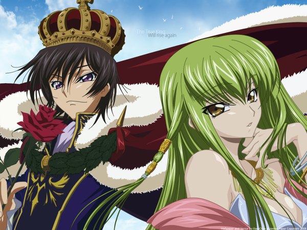 Anime picture 1600x1200 with code geass sunrise (studio) c.c. lelouch lamperouge long hair looking at viewer fringe short hair breasts black hair hair between eyes purple eyes bare shoulders yellow eyes payot sky cleavage cloud (clouds) parted lips green hair