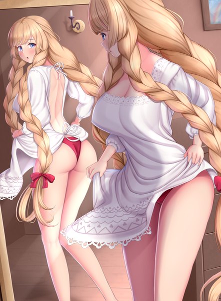 Anime picture 2800x3800 with granblue fantasy athena (granblue fantasy) melopun single long hair tall image blush fringe highres breasts open mouth blue eyes light erotic blonde hair large breasts standing looking away ass indoors braid (braids)