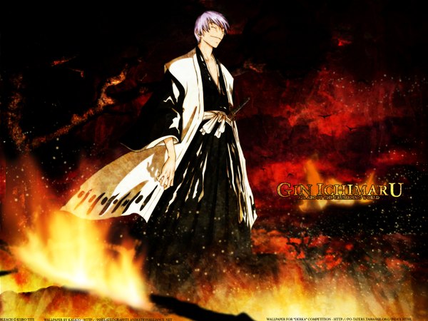 Anime picture 1600x1200 with bleach studio pierrot ichimaru gin kubo tite kalicodreamz single short hair smile standing signed purple hair full body eyes closed traditional clothes japanese clothes wide sleeves copyright name character names third-party edit boy