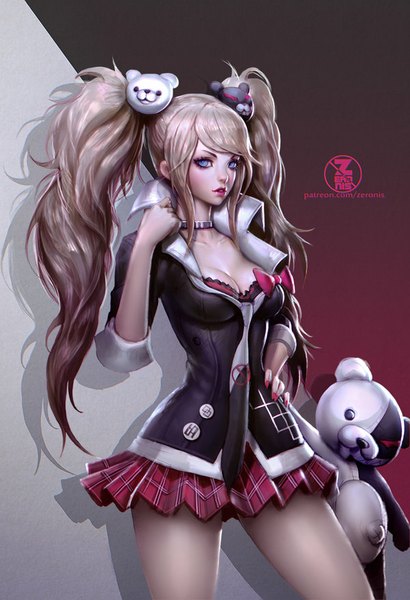 Аниме картинка 600x876 с опровергающая пуля enoshima junko monokuma paul (shiramune) длинные волосы высокое изображение чёлка голубые глаза лёгкая эротика стоя два хвостика розовые волосы декольте лак на ногтях полуоткрытый рот плиссированная юбка ногти губы реалистичный рука на бедре