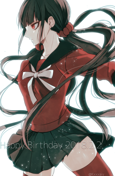 Anime picture 665x1018 with dangan ronpa new danganronpa v3 harukawa maki sakuyu single long hair tall image fringe simple background red eyes standing white background twintails signed payot looking away blunt bangs long sleeves profile pleated skirt