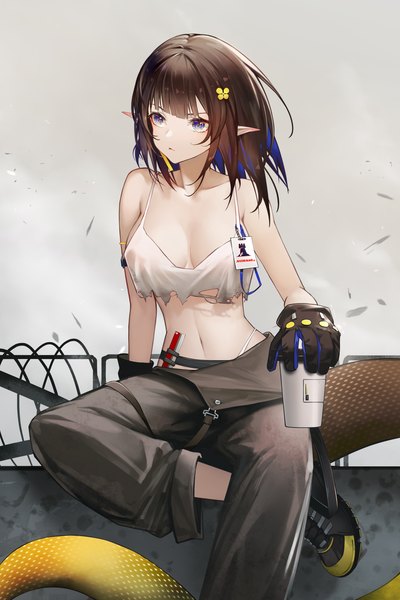 Anime picture 2362x3543 with arknights eunectes (arknights) eunectes (forgemaster) (arknights) zhuang yao single long hair tall image fringe highres breasts blue eyes light erotic brown hair large breasts sitting bare shoulders holding looking away tail blunt bangs