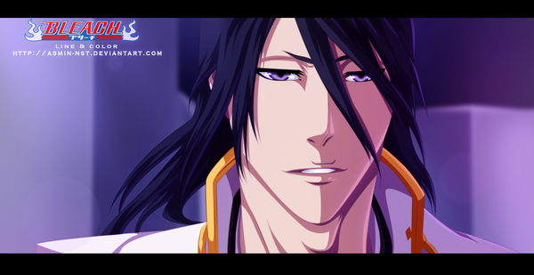 Anime picture 2000x1031 with bleach studio pierrot kuchiki byakuya iitheluciferii single long hair highres black hair wide image purple eyes traditional clothes japanese clothes inscription coloring letterboxed close-up face boy kimono