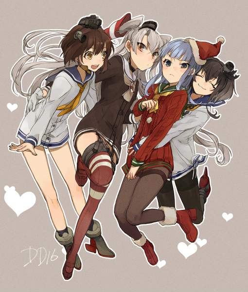 Anime picture 850x1000 with kantai collection amatsukaze destroyer yukikaze destroyer tokitsukaze destroyer hatsukaze destroyer hita (hitapita) long hair tall image looking at viewer blush fringe short hair open mouth black hair simple background smile brown hair brown eyes blue hair looking away