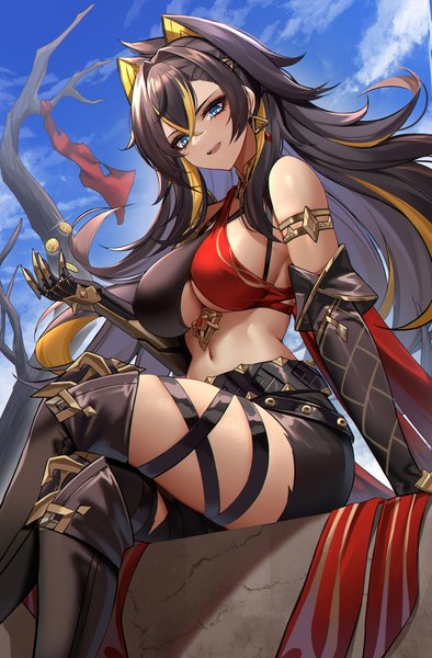 Anime picture 1500x2283 with genshin impact dehya (genshin impact) eternity (shadeh) single long hair tall image looking at viewer fringe breasts open mouth blue eyes light erotic black hair smile hair between eyes large breasts sitting animal ears sky cloud (clouds)