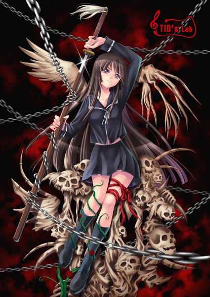 Anime picture 634x896 with ga-rei zero isayama yomi tidsean single long hair tall image looking at viewer fringe black hair brown hair purple eyes holding signed full body blunt bangs arm up legs angel wings shiny treble clef