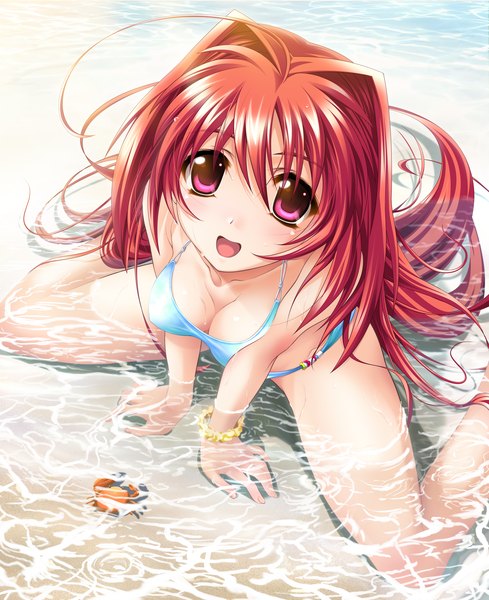 Anime picture 3776x4634 with muv-luv kagami sumika long hair tall image highres breasts open mouth light erotic red eyes absurdres red hair girl swimsuit bikini water