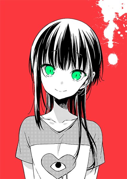 Anime picture 700x986 with original mukuro (sakiyo cake) sakiyo cake single long hair tall image looking at viewer fringe green eyes head tilt red background otoko no ko boy t-shirt