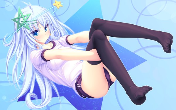 Anime picture 1920x1200 with 77 kuu (77) tenmaso blush highres blue eyes light erotic wide image blue hair aqua hair soles leg hug pentagram trefoil thighhighs uniform hair ornament hairclip gym uniform star hair ornament