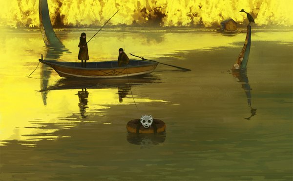 Аниме картинка 1618x1000 с оригинальное изображение kuchibiru (lipblue) широкое изображение пейзаж рыбалка животное вода птица (птицы) собака дом плавсредство лодка
