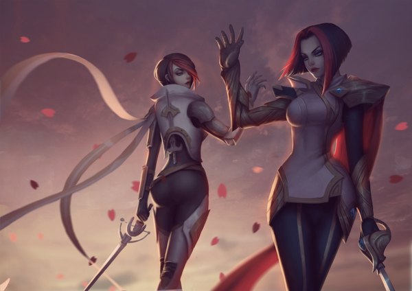 Anime picture 1800x1272 with league of legends fiora (league of legends) dabai fringe highres short hair breasts blue eyes black hair red hair multicolored hair lips hair over one eye two-tone hair dual persona girl weapon petals clothes epee
