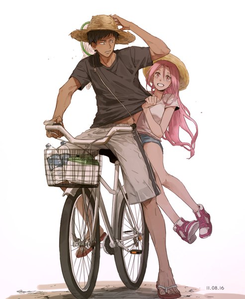 Anime picture 930x1130 with kuroko no basket production i.g aomine daiki momoi satsuki kuehsy long hair tall image fringe short hair simple background hair between eyes white background holding pink hair bent knee (knees) pink eyes bare legs short sleeves legs dark skin