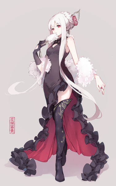 Anime picture 810x1290 with girls frontline kar98k (girls frontline) mikuru rumisora single tall image fringe simple background red eyes holding looking away full body white hair braid (braids) very long hair hair flower grey background fur trim sleeveless text side slit