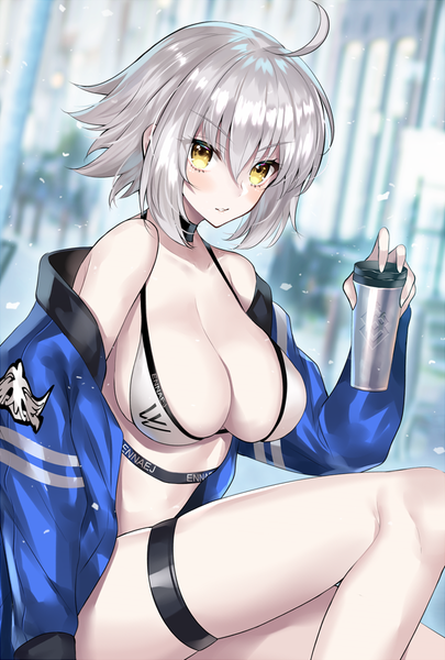 Anime picture 800x1184 with fate (series) fate/grand order jeanne d'arc (fate) (all) jeanne d'arc alter (fate) ero waifu single tall image looking at viewer blush fringe short hair breasts light erotic smile hair between eyes large breasts bare shoulders holding yellow eyes cleavage