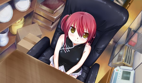 Anime picture 1024x600 with kono sekai no mukou de single short hair wide image sitting yellow eyes game cg red hair loli girl armchair