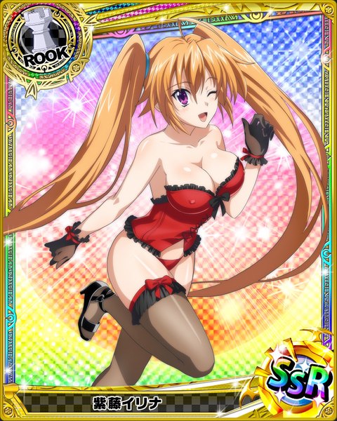 Anime picture 640x800 with highschool dxd shidou irina single tall image looking at viewer blush breasts open mouth light erotic brown hair purple eyes twintails very long hair one eye closed wink underwear only card (medium) girl thighhighs gloves