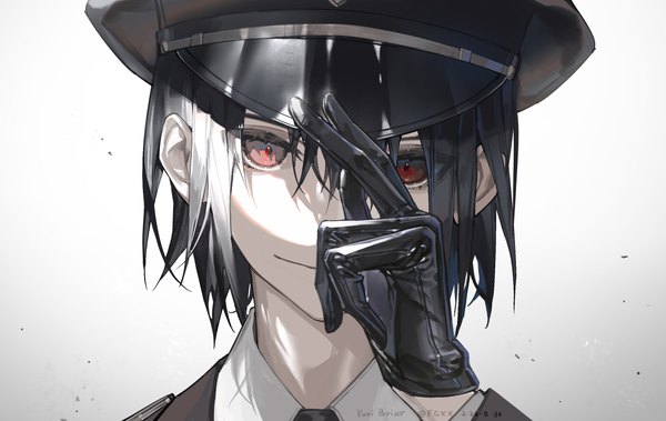 Anime picture 2700x1704 with spy x family yuri briar fangge xx single looking at viewer fringe highres short hair black hair simple background smile hair between eyes red eyes upper body character names shaded face adjusting hat boy gloves hat