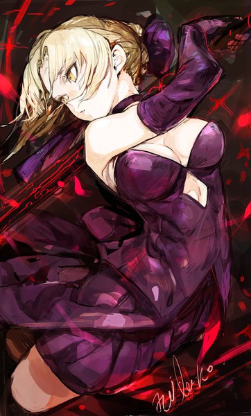 Anime picture 1260x2087 with fate (series) fate/grand order artoria pendragon (all) saber alter hiranko single tall image fringe short hair light erotic blonde hair holding signed yellow eyes cleavage hair bun (hair buns) floating hair looking down fighting stance girl