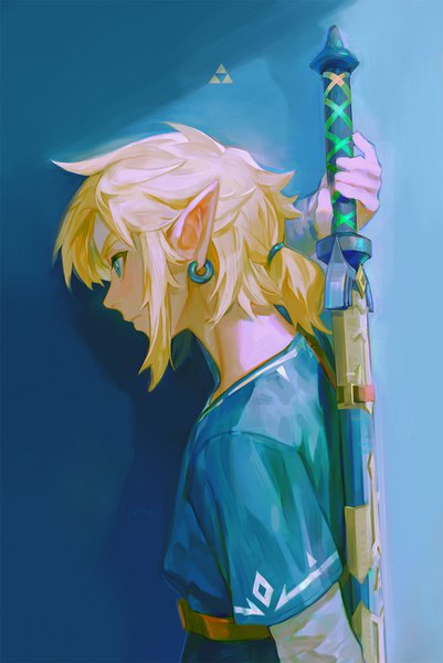 Anime-Bild 1000x1497 mit the legend of zelda the legend of zelda: breath of the wild nintendo link pofu31 single tall image fringe short hair simple background blonde hair holding payot looking away upper body profile arm up aqua eyes pointy ears blue background