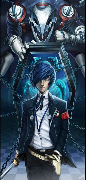 Anime picture 4212x8748 with persona 3 persona arisato minato tagme (artist) single tall image looking at viewer fringe highres short hair blue eyes blue hair absurdres hair over one eye boy weapon sword katana gun chain