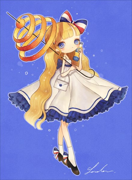 Anime picture 1155x1576 with original orangina london222 single tall image looking at viewer blush fringe blue eyes simple background blonde hair signed full body very long hair purple background flag print france girl dress bow