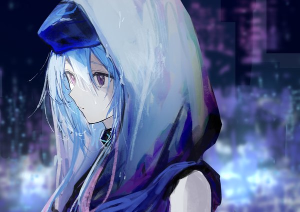 Anime picture 3541x2508 with arknights mizuki (arknights) mihaia single fringe highres hair between eyes purple eyes blue hair absurdres upper body wet otoko no ko androgynous boy hood beret infection monitor (arknights)