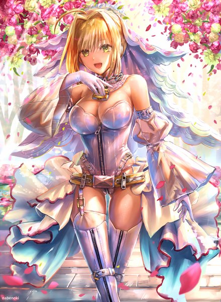 Anime picture 1000x1363 with fate (series) fate/grand order fate/extra fate/extra ccc nero claudius (fate) (all) nero claudius (bride) (fate) nabenoki single tall image looking at viewer fringe short hair breasts open mouth light erotic blonde hair smile hair between eyes large breasts standing