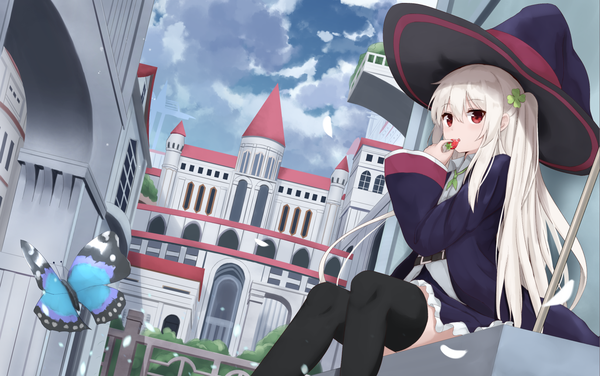Anime picture 1624x1020 with original touhourh single long hair looking at viewer fringe open mouth hair between eyes red eyes sitting holding sky silver hair cloud (clouds) outdoors long sleeves two side up zettai ryouiki eating frilly skirt