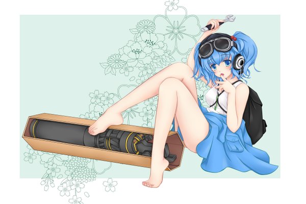 Anime picture 1285x857 with touhou kawashiro nitori nekokotei blue eyes light erotic twintails blue hair nude girl flower (flowers) hat glasses headphones