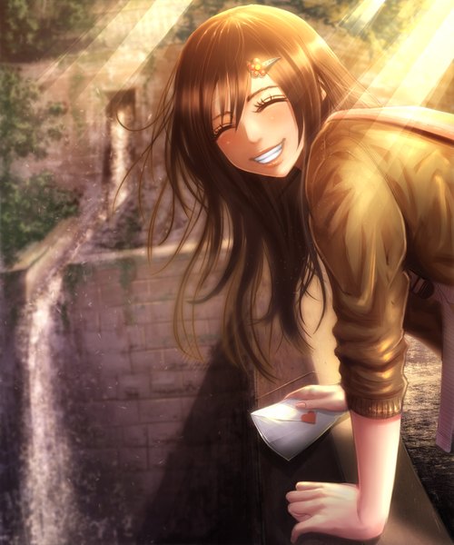 Anime picture 1300x1560 with original sho (shoichi-kokubun) single long hair tall image blush fringe smile hair between eyes brown hair eyes closed realistic happy girl hair ornament love letter