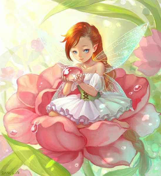 Anime picture 731x800 with original saikac single long hair tall image blue eyes bare shoulders holding barefoot light smile pointy ears sunlight orange hair lacing fantasy nature transparent insect wings fairy girl